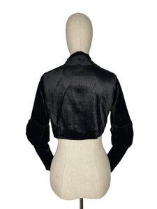 Vintage 1970's does 1930's Black Cotton Velvet Cropped Jacket with Frilled Edge Collar - Bust 34" *