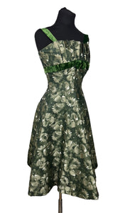 Original Kitty Copeland Green 1950's Nylon and Velvet Floral Cocktail Dress - Bust 30 32