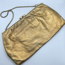 Load image into Gallery viewer, Original 1950&#39;s Soft Gold Leather Evening Bag with Snake Chain and Clear Paste Set Clasp
