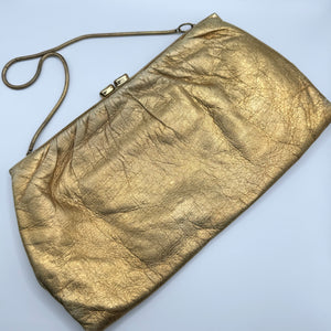 Original 1950's Soft Gold Leather Evening Bag with Snake Chain and Clear Paste Set Clasp