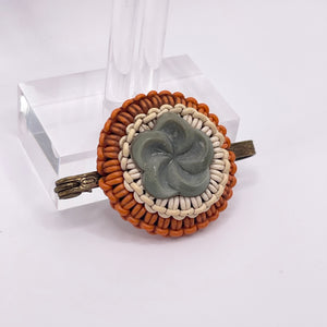 Original 1940's Orange and White Wartime Make Do and Mend Wire Brooch with Grey Button Middle