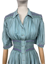 Load image into Gallery viewer, Stunning Original 1930&#39;s Blue Cotton Blouse with Heavy Smocking Detail - Bust 36 38

