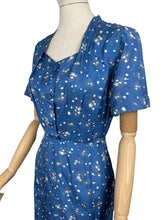 Load image into Gallery viewer, Original 1950's Blue Silk Wiggle Dress with Floral Print in White and Black - Bust 36 *
