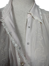 Load image into Gallery viewer, Original 1940&#39;s Semi Sheer Chiffon Crepe Long Sleeved Embroidered Blouse with Faux Pearl Buttons - Bust 36
