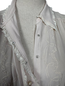 Original 1940's Semi Sheer Chiffon Crepe Long Sleeved Embroidered Blouse with Faux Pearl Buttons - Bust 36