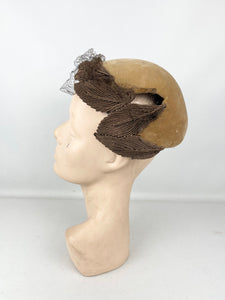 Original 1950's Brown Velvet and Net Hat with Leaf Decoration by Marshall & Snelgrove *