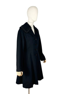 Original 1950's Petite Length Black Wool Princess Coat with Beaded Shawl Collar - Bust 38