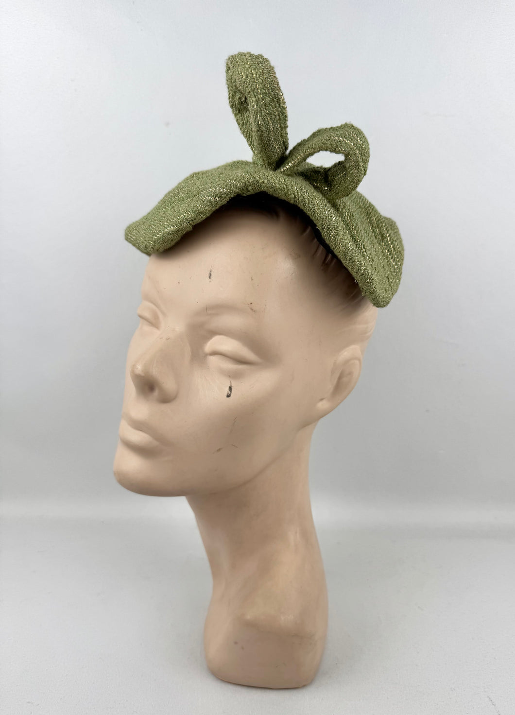 Original 1950's Green and Gold Stripe Textured Fabric Hat with Loop Trim