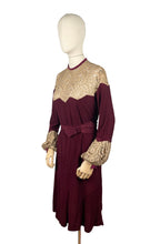 Load image into Gallery viewer, Absolutely Stunning Original 1930&#39;s Burgundy Chenille Dress With Bow Belt, Pointed Lace Yoke and Full Sleeves - Bust 34 35

