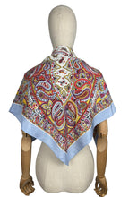 Load image into Gallery viewer, Original Large 1940's Blue Crepe Scarf with Paisley Design in Purple, Mustard, Red, Black and White - Great Headscarf *
