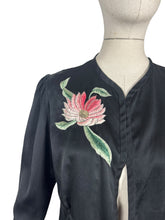 Load image into Gallery viewer, Original 1930’s Inky Black Silk Evening Jacket with Pink and Green Floral Embroidery - Bust 34 35
