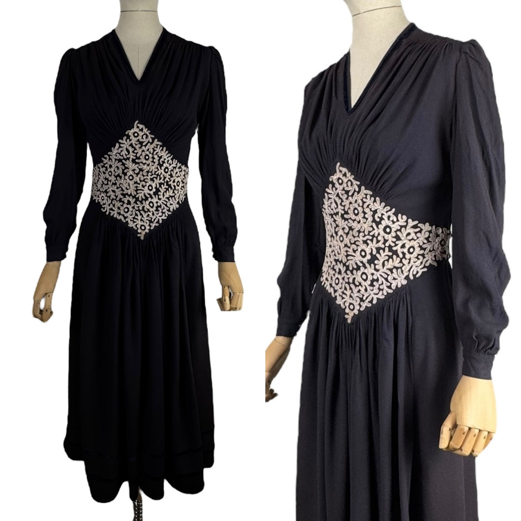Original Late 1930's or Early 1940's Midnight Blue Crepe Day Dress with Long Sleeves and Amazing Soutache Waist Detail - Bust 34 35