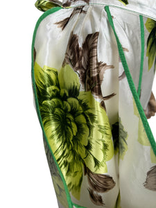 Original 1950's Pretty Ivory Satin Pinny with Pockets and Floral Design in Brown and Green - Waist 30 *