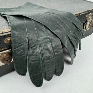 Original 1940's Dark Forest Green Pig Skin Leather Gloves -  Size 6.5 *