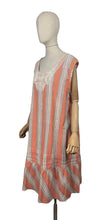 Load image into Gallery viewer, Original 1920&#39;s Volup Stripe Cotton and Lace Dress in White, Black and Orange - Bust 46
