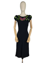 Load image into Gallery viewer, Original 1940&#39;s Ellen Kaye Original Black Crepe Cocktail Dress with Floral Sequin Detail in Pink and Green - Bust 32 34
