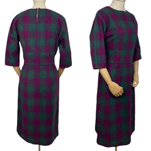 Original 1950’s Plaid Wool Wiggle Dress in Purple, Magenta and Green - Bust 38 40 *