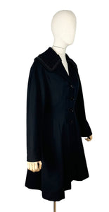 Original 1950's Petite Length Black Wool Princess Coat with Beaded Shawl Collar - Bust 38