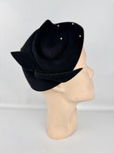 Load image into Gallery viewer, Original 1950&#39;s Inky Black Felt Hat with Faux Pearl Beads and Side Bow
