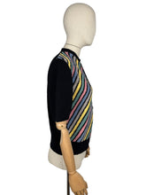 Load image into Gallery viewer, Original 1940&#39;s Black Chevron Stripe Cardigan in Boucle Wool in Yellow, Grey, Blue, Pink and Green - Bust 36 38
