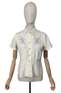 Original 1940's 1950's Cream and Grey Pure Silk Hand Embroidered Blouse - Bust 36 *