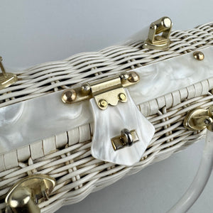 Original 1950's Princess Charming by Atlas White Wicker Bag with White Lucite Handles and Real Shell Decoration
