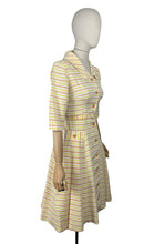 Load image into Gallery viewer, Original 1950's White, Yellow and Brown Belted Stripe Day Dress - Bust 32 34 *

