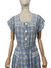 Load image into Gallery viewer, Original 1950&#39;s Blue, Brown and White Embroidered Check Belted Dress - Bust 36 38
