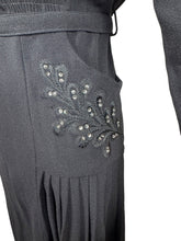 Load image into Gallery viewer, Original 1940's Classic Black Crepe Belted Day Dress with Beaded Pocket Detail - Bust 35 36
