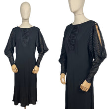 Load image into Gallery viewer, Original 1930&#39;s Black Bias Cut Dress with Cold Shoulder Ribbon Work Sleeves - Bust 34 36 38
