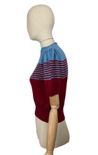 Load image into Gallery viewer, Reproduction 1940&#39;s Striped Jumper in Ruby Red and Niagra Blue with Full Puff Sleeves - Bust 34 36
