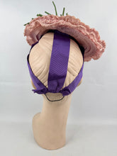Load image into Gallery viewer, Fabulous Original 1940's New York Creations Pink Ruffle Straw Hat with Purple, Pink and Green Floral Trim
