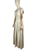 Load image into Gallery viewer, Original 1930&#39;s Ivory Grosgrain and Metallic Gold Thread Full Length Evening Dress with Ruching - Bust 32&quot; *
