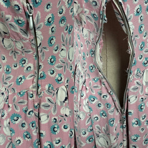 Original Late 1940's or Early 1950's Classic Floral Cotton Day Dress in Pink, White, Grey and Blue Floral - Bust 38