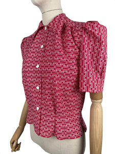 1940's Reproduction Blouse in Red and White Hearts, Flowers and Stripe Novelty Print - Bust Pink, Blue, Yellow and White Feed Sack - Bust 35 36 37