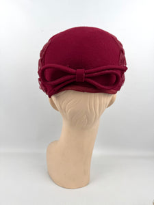 Original 1950's Burgundy Felt Hat with Bow Trim and Pleated Mesh Detail by Jacoll