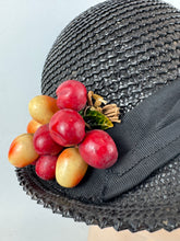 Load image into Gallery viewer, Original 1930's Black Straw Cloche Hat with Charming Red Cherry Trim *
