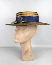 Load image into Gallery viewer, Original 1930&#39;s 1940&#39;s Blue Stripe Straw Hat with Floral Trim - Perfect Summer Hat *
