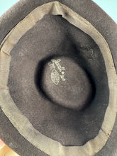 Load image into Gallery viewer, Original 1940's Warn Brown Felt Hat by Jacoll with Large Bow Trim and Chestnut Brown Feather
