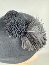 Load image into Gallery viewer, Original 1950's Inky Black Felt Hat with Feather and Pom-pom Trim
