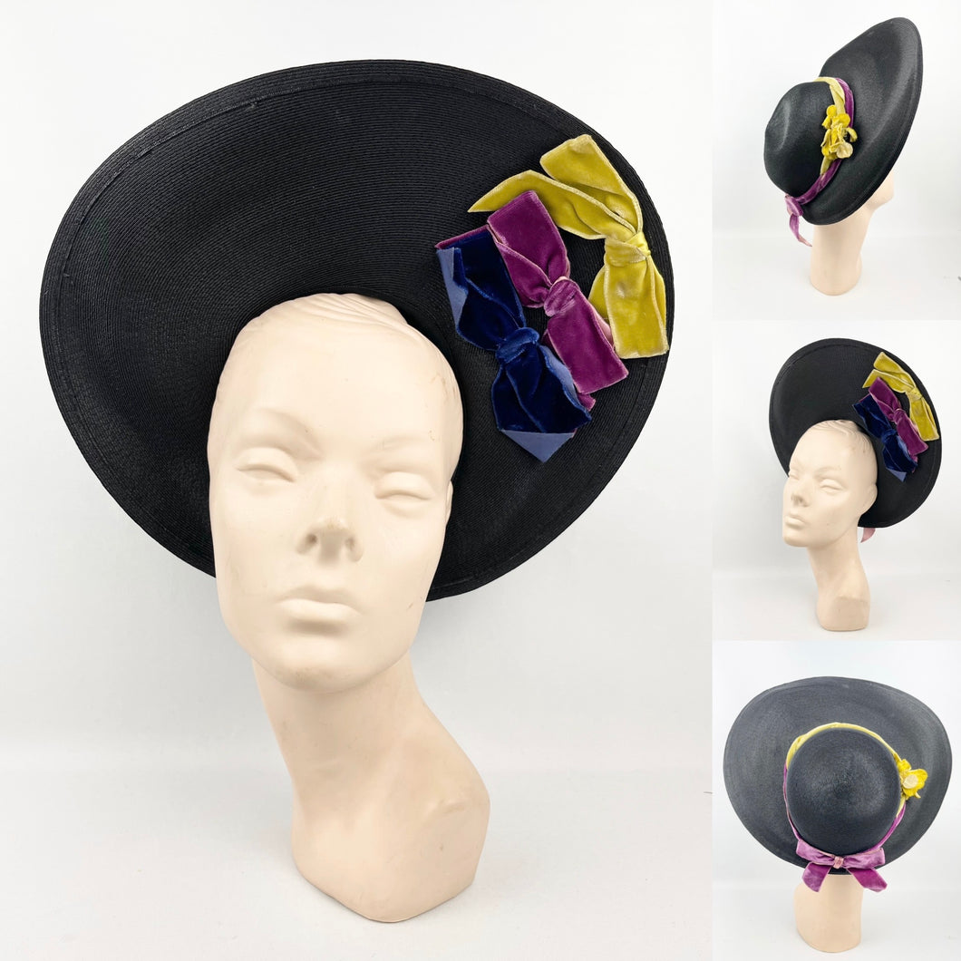 Utterly Exceptional American Made 1940s Black Straw Hat with Velvet Bow Trim in Purple, Ochre and Cerise