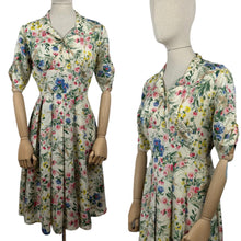 Load image into Gallery viewer, Original 1950&#39;s Pretty Pink, Yellow, Blue and Green Floral Day Dress in Artificial Silk - Bust 36 *
