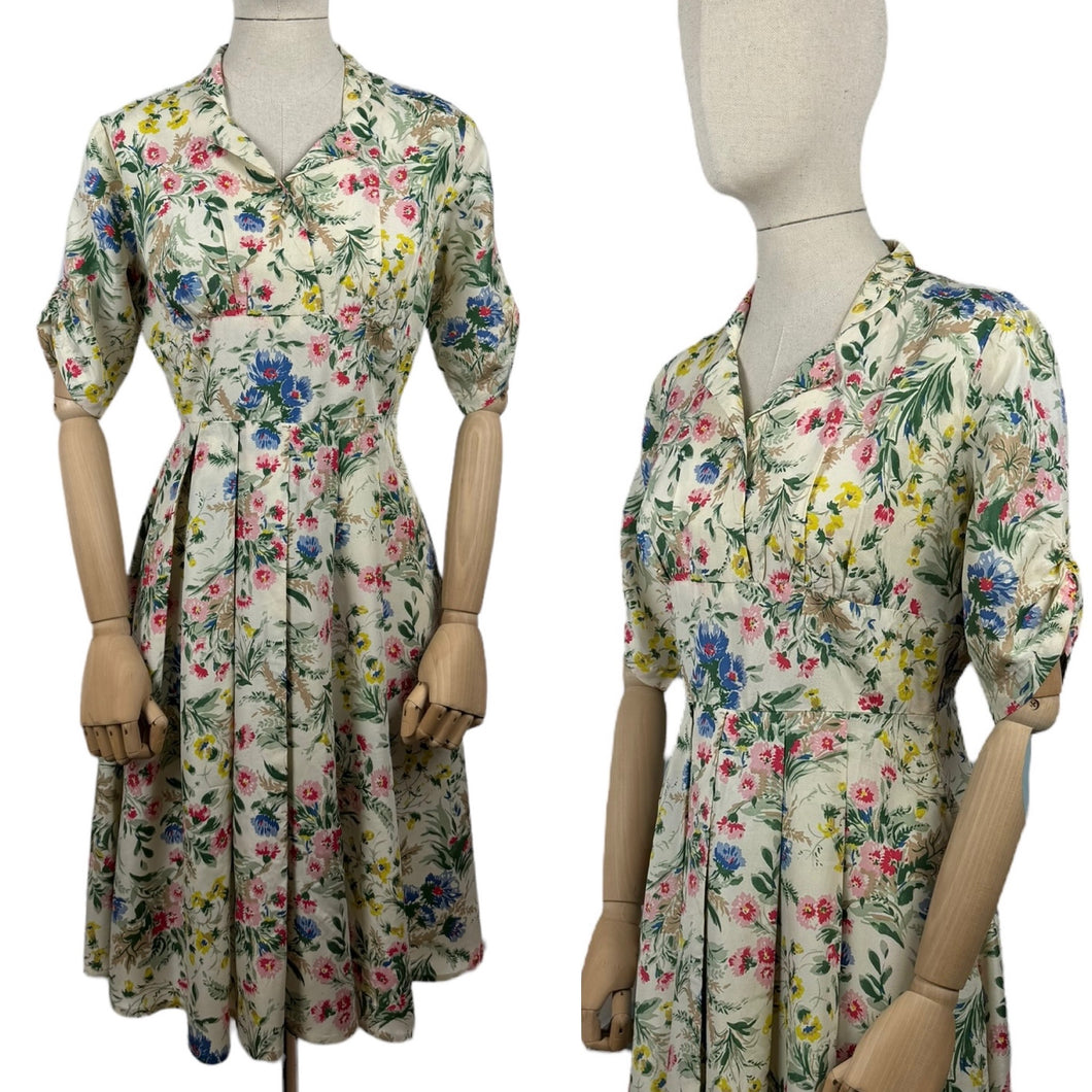 Original 1950's Pretty Pink, Yellow, Blue and Green Floral Day Dress in Artificial Silk - Bust 36 *