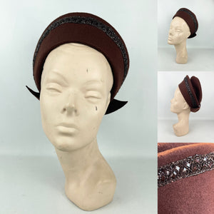 Original 1940’s Warm Brown Felt Bonnet Hat with Lacquered Raffia Trim *
