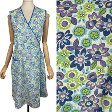 Load image into Gallery viewer, Original 1940's Floral Wraparound Apron in White, Purple, Blue and Green - Pretty Pinny - Bust 32 34 36
