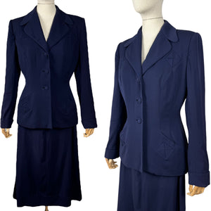 Original 1940's Navy Medium Weight Wool Suit by FORSTMANN - Bust 38 *