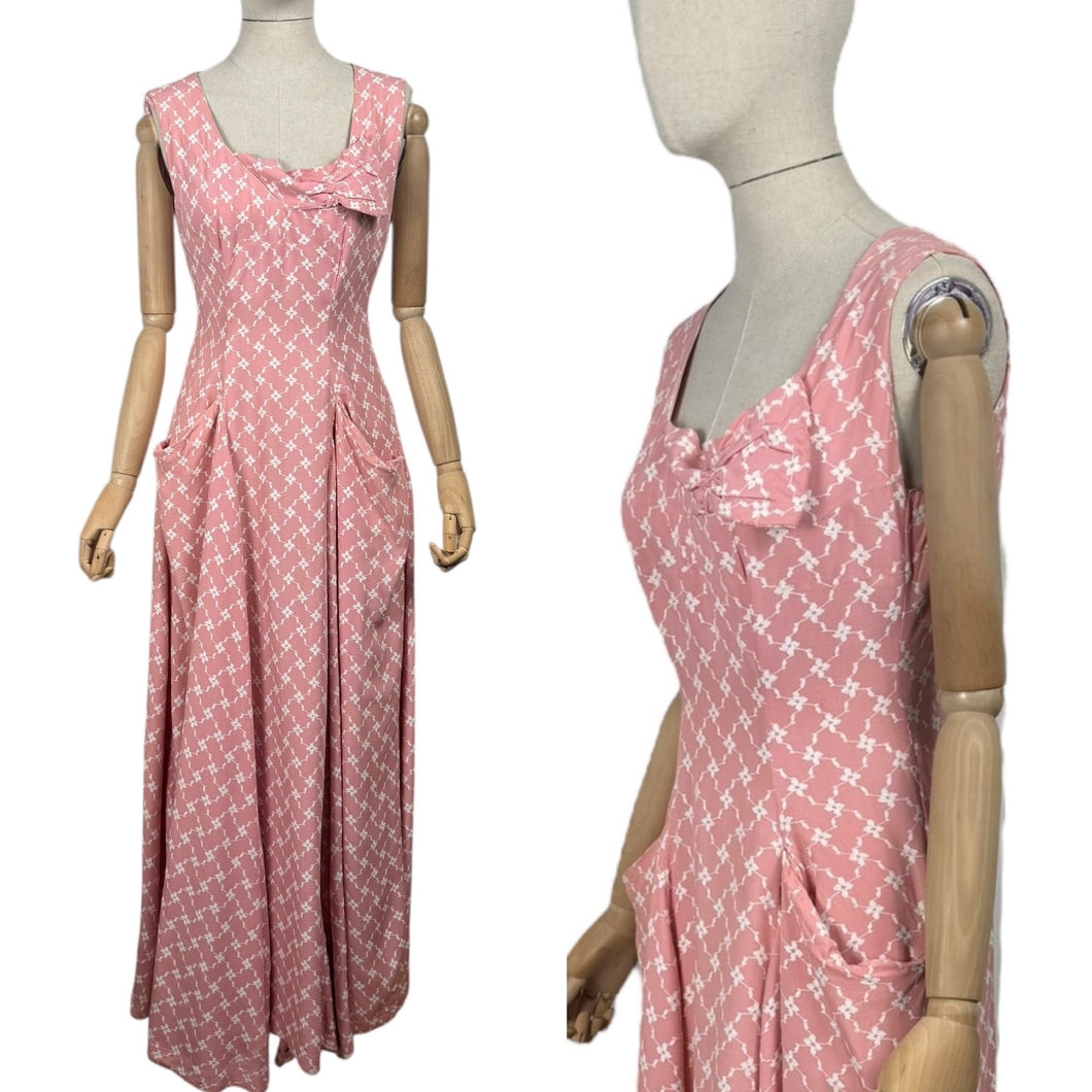 Original 1950's Pink and White Cotton Full Length Evening Dress with Pockets - Bust 36 *