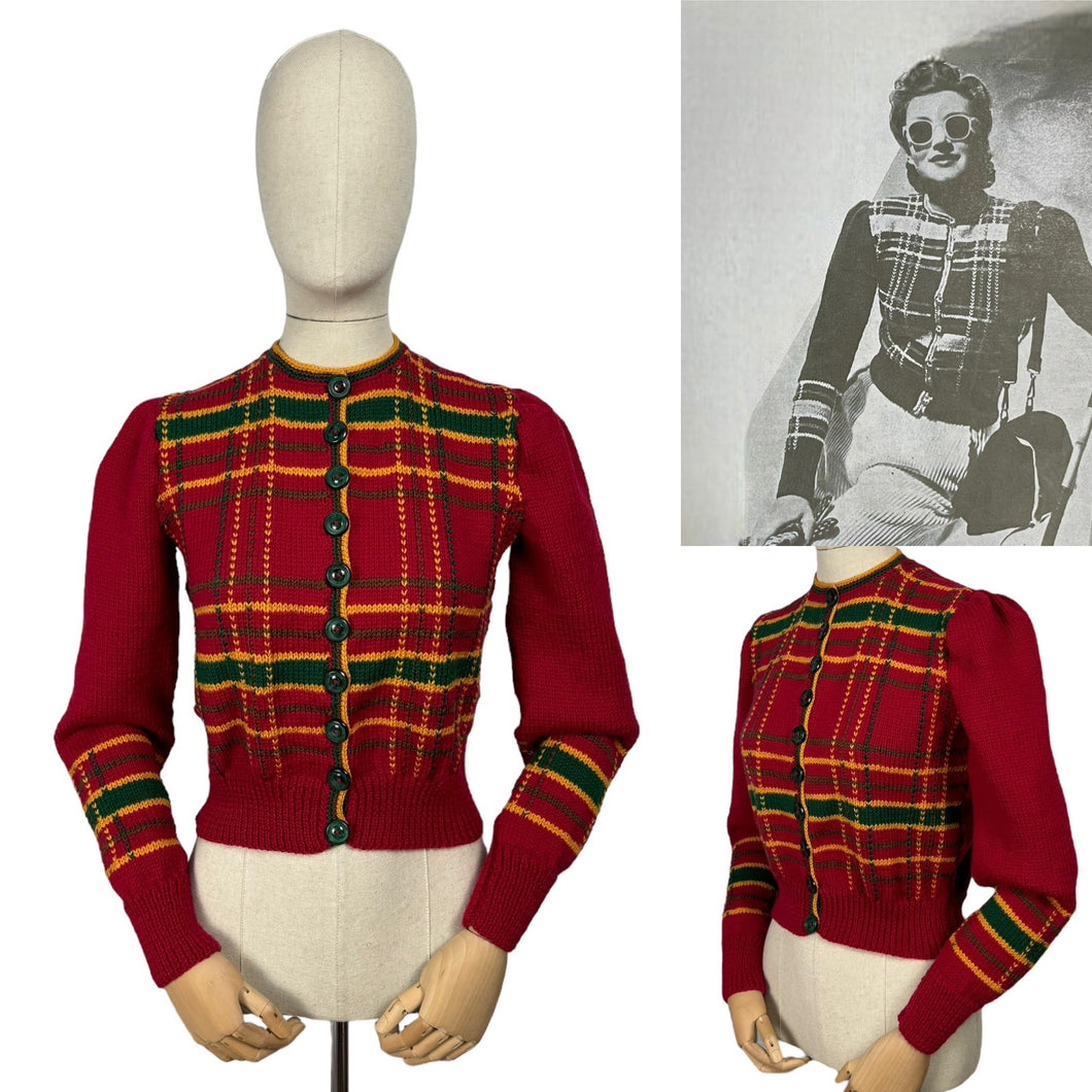 Late 1930's Reproduction Hand Knitted Long Sleeved Ski Jacket in Cranberry Red, Mustard Yellow, Bottle Green and Chocolate Brown Pure Wool  - Bust 36 37