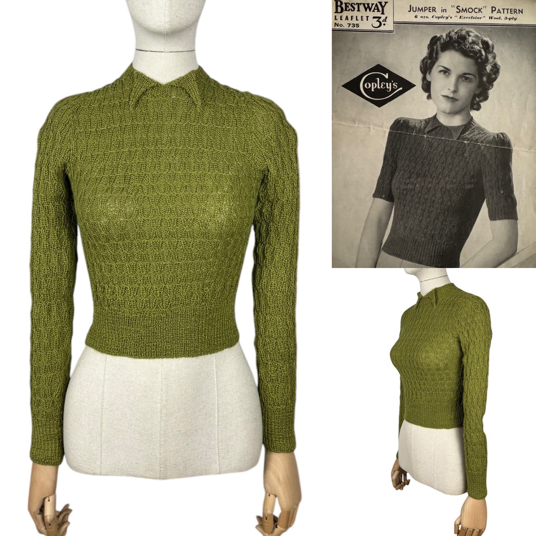 Reproduction 1930's Hand Knitted Long Sleeved Jumper in Lily Pad Green - Bust 32 34