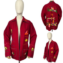 Load image into Gallery viewer, Original 1950&#39;s Embroidered Mexican Felt Tourist Jacket in Cherry Red - Bust 36 38 40
